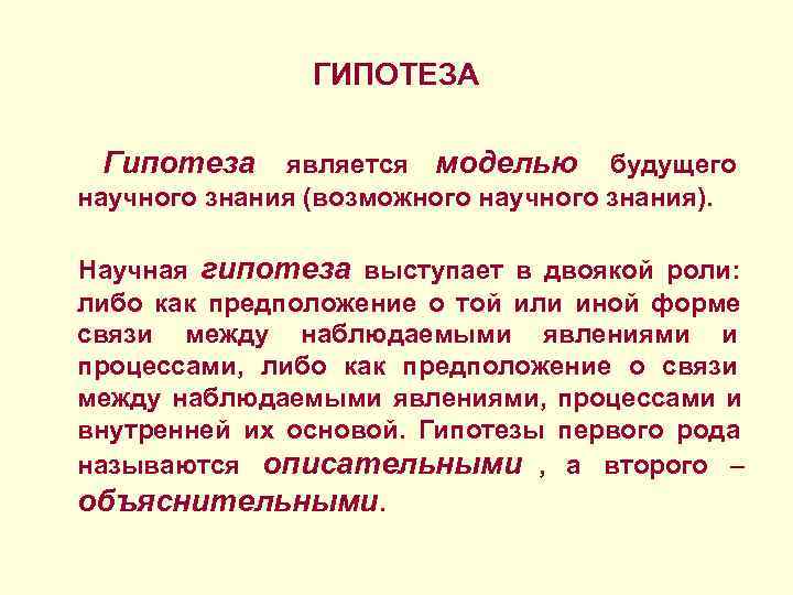 ГИПОТЕЗА Гипотеза является моделью будущего научного знания (возможного ГИПОТЕЗА Гипотеза является моделью будущего научного знания (возможного