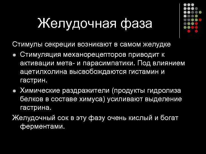 Желудочная фаза Стимулы секреции возникают в самом желудке l Стимуляция механорецепторов приводит к