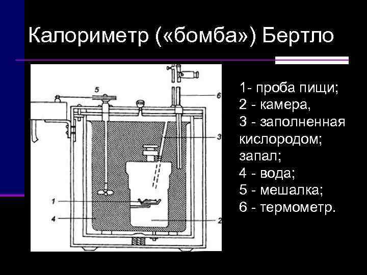 Калориметр ( «бомба» ) Бертло    1 проба пищи;   