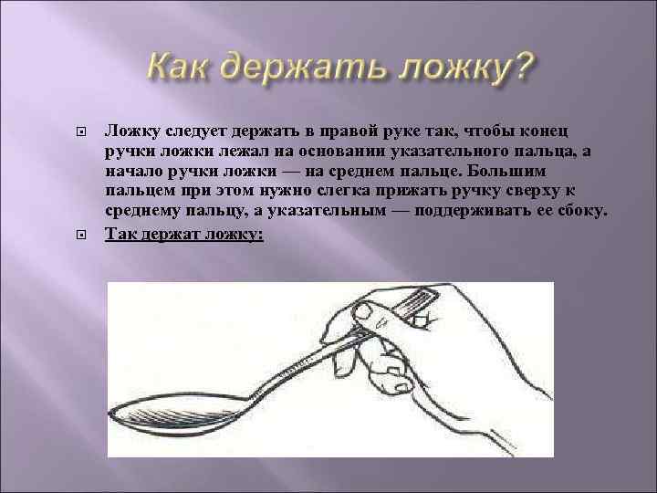 Ложку следует держать в правой руке так, чтобы конец ручки ложки лежал Ложку следует держать в правой руке так, чтобы конец ручки ложки лежал