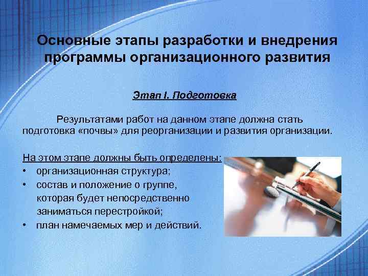 Основные этапы разработки и внедрения программы организационного развития Этап Основные этапы разработки и внедрения программы организационного развития Этап
