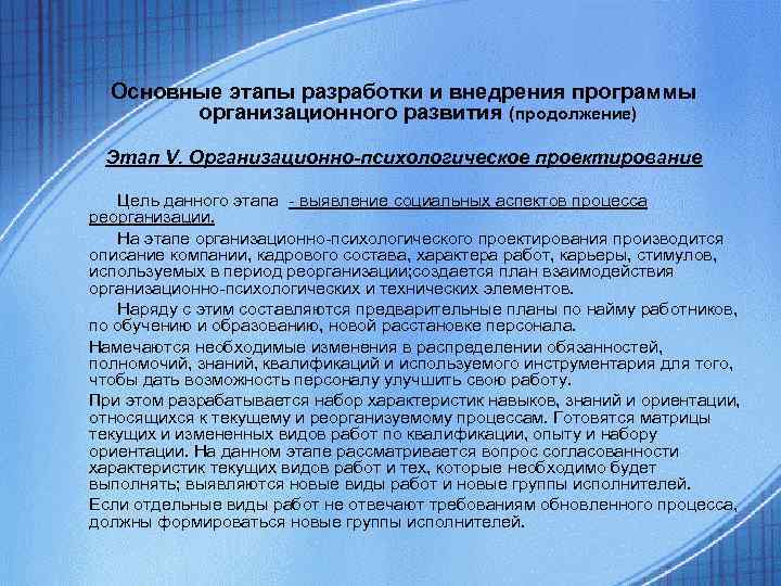 Основные этапы разработки и внедрения программы организационного развития (продолжение) Этап Основные этапы разработки и внедрения программы организационного развития (продолжение) Этап