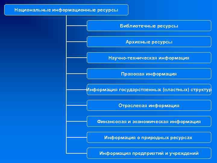 Национальные информационные ресурсы Библиотечные ресурсы Архивные ресурсы Научно-техническая информация Правовая информация Информация государственных (властных)