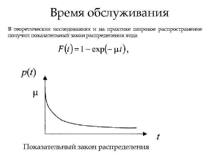 Время обслуживания В теоретических исследованиях и на практике широкое распространение получил показательный закон распределения