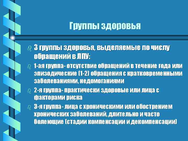 Группы здоровья b 3 группы здоровья, выделяемые по числу обращений в ЛПУ: b b