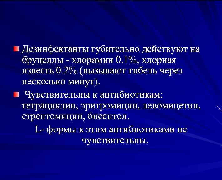 Дезинфектанты губительно действуют на бруцеллы - хлорамин 0. 1%, хлорная известь 0. 2% (вызывают