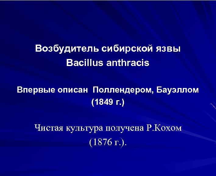 Возбудитель сибирской язвы Bacillus anthracis Впервые описан Поллендером, Бауэллом (1849 г. ) Чистая культура