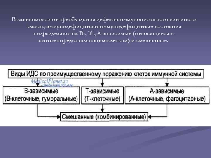 В зависимости от преобладания дефекта иммуноцитов того или иного класса, иммунодефициты и иммунодефицитные состояния