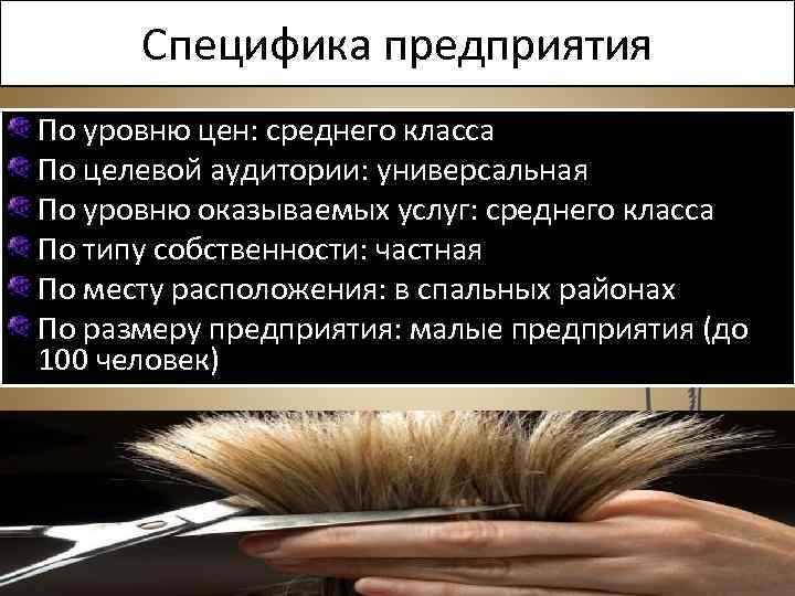  Специфика предприятия По уровню цен: среднего класса По целевой аудитории: универсальная По уровню