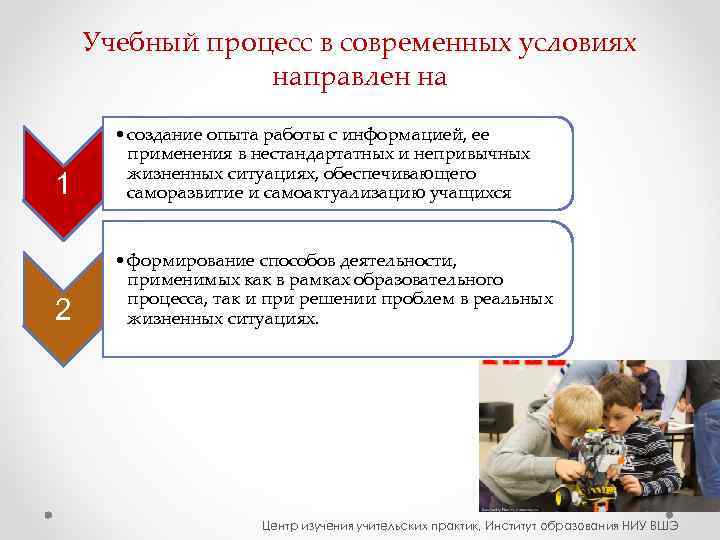   Учебный процесс в современных условиях   направлен на  • создание