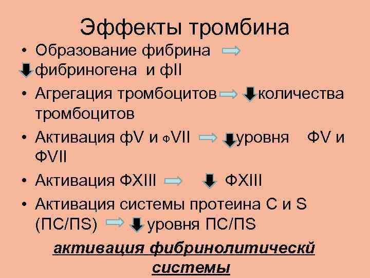  Эффекты тромбина • Образование фибрина  фибриногена и ф. II • Агрегация тромбоцитов