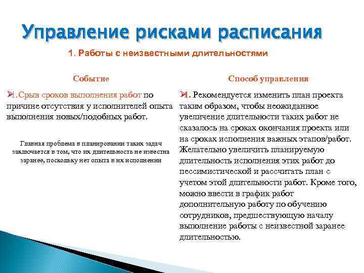   Управление рисками расписания   1. Работы с неизвестными длительностями  