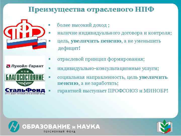 Преимущества отраслевого НПФ §  более высокий доход ; §  наличие индивидуального договора