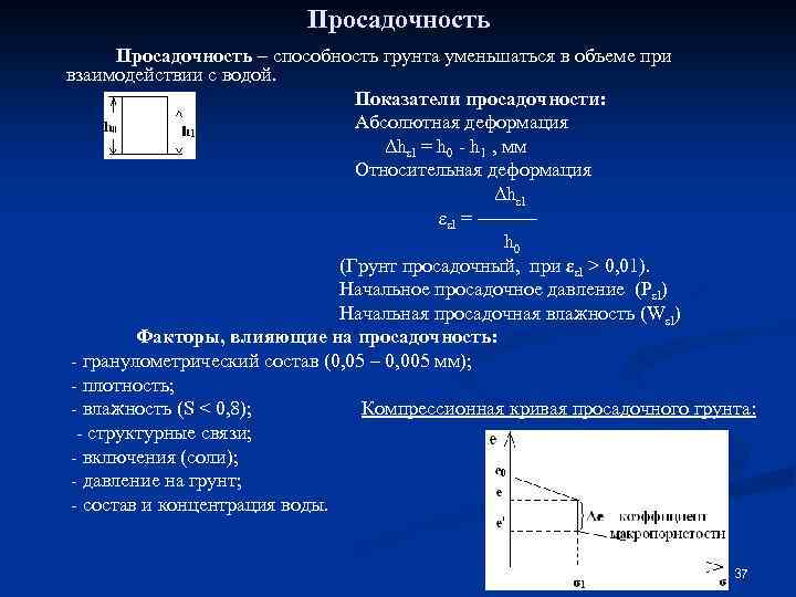 Просадочность – способность грунта уменьшаться в объеме при взаимодействии с водой. Показатели просадочности: Абсолютная