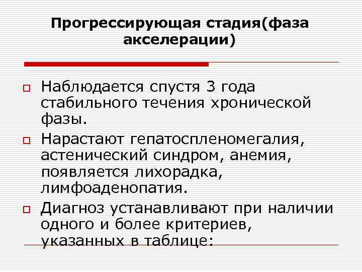  Прогрессирующая стадия(фаза   акселерации)  o  Наблюдается спустя 3 года стабильного