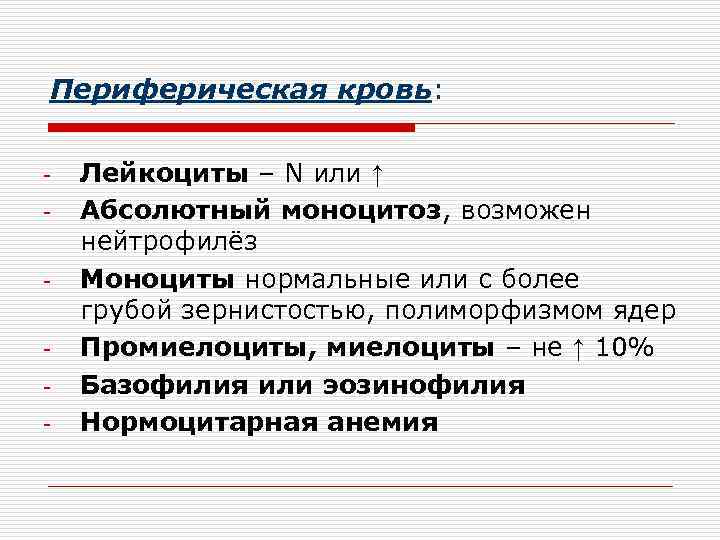 Периферическая кровь:  -  Лейкоциты – N или ↑ -  Абсолютный моноцитоз,