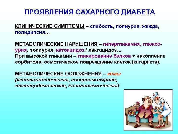 ПРОЯВЛЕНИЯ САХАРНОГО ДИАБЕТА КЛИНИЧЕСКИЕ СИМПТОМЫ – слабость, полиурия, жажда, полидипсия… МЕТАБОЛИЧЕСКИЕ НАРУШЕНИЯ – гипергликемия,