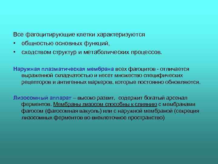 Все фагоцитирующие клетки характеризуются • общностью основных функций,  • сходством структур и метаболических