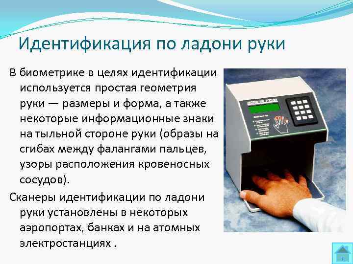  Идентификация по ладони руки В биометрике в целях идентификации  используется простая геометрия