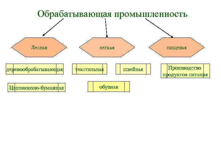 Обрабатывающая промышленность Лесная деревообрабатывающая Целлюлозно-бумажная легкая текстильная обувная пищевая швейная Производство продуктов питания 
