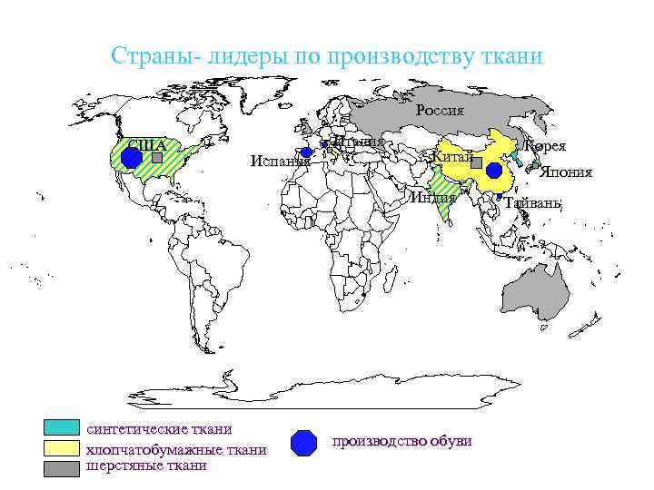 Страны- лидеры по производству ткани Россия США Италия Испания Китай Индия синтетические ткани хлопчатобумажные
