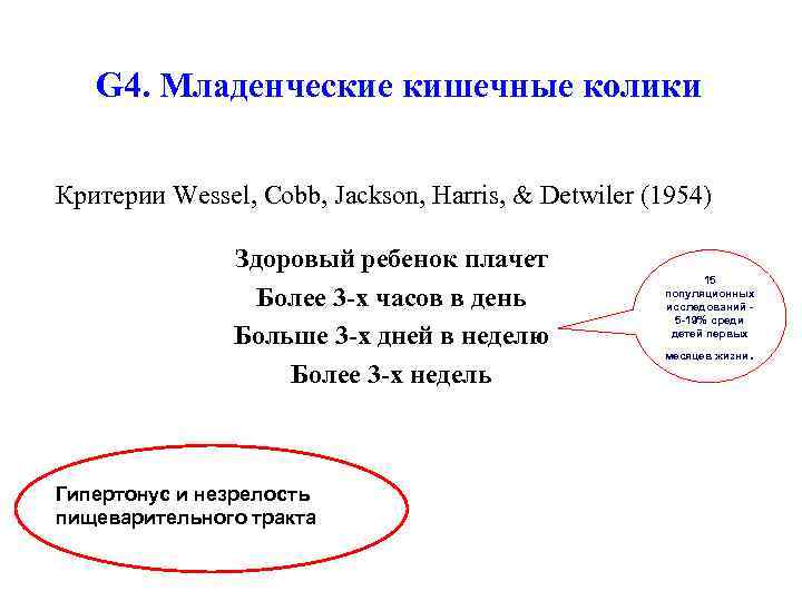   G 4. Младенческие кишечные колики Критерии Wessel, Cobb, Jackson, Harris, & Detwiler