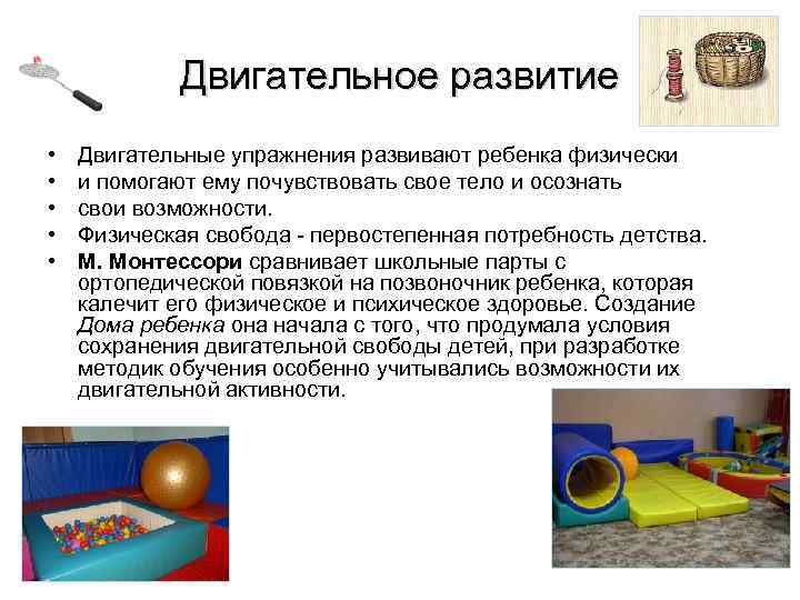    Двигательное развитие •  Двигательные упражнения развивают ребенка физически  •