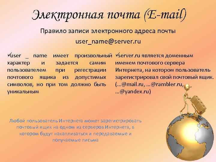Электронная почта (E-mail) Правило записи электронного адреса почты Электронная почта (E-mail) Правило записи электронного адреса почты