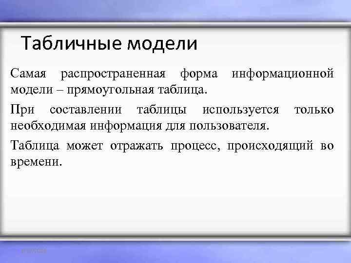  Табличные модели Самая распространенная форма информационной модели – прямоугольная таблица. При составлении таблицы