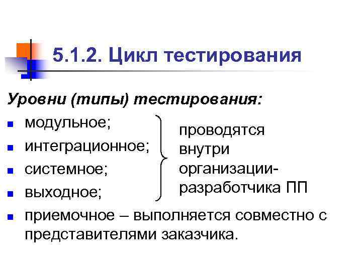 > 5. 1. 2. Цикл тестирования Уровни (типы) тестирования: n модульное; 