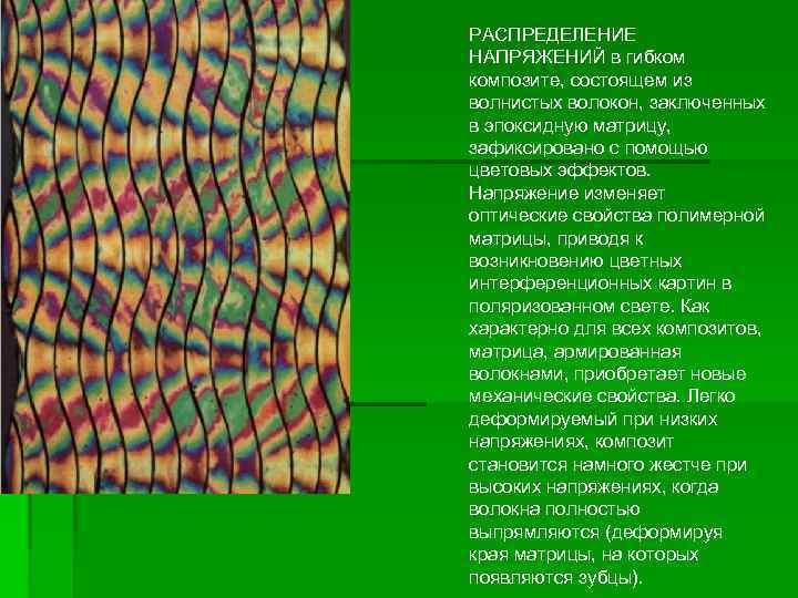 РАСПРЕДЕЛЕНИЕ НАПРЯЖЕНИЙ в гибком композите, состоящем из волнистых волокон, заключенных в эпоксидную матрицу, зафиксировано