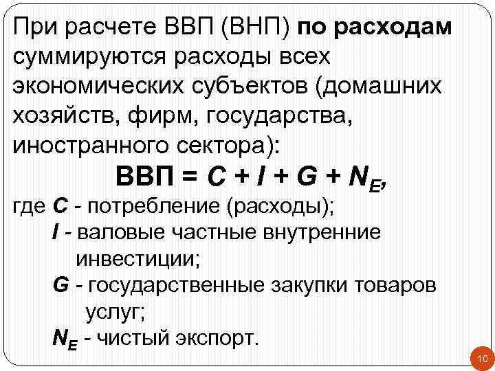 При расчете ВВП (ВНП) по расходам суммируются расходы всех экономических субъектов (домашних хозяйств, фирм,