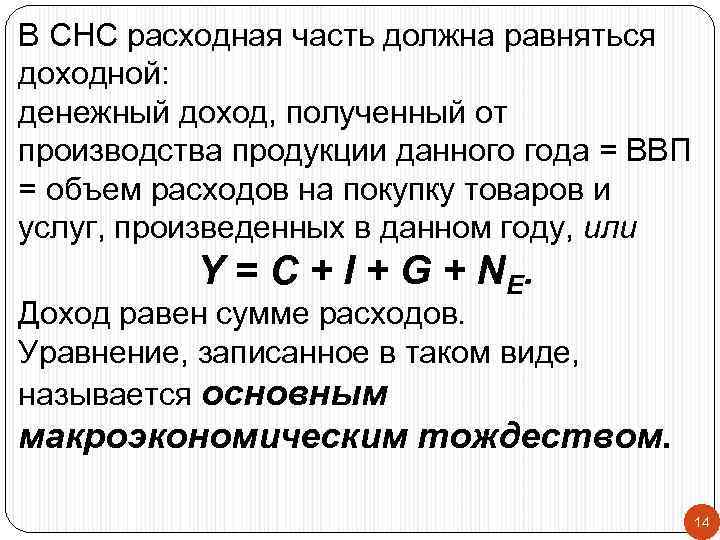 В СНС расходная часть должна равняться доходной: денежный доход, полученный от производства продукции данного