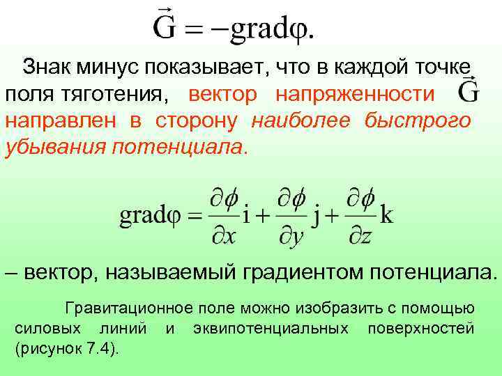 Знак минус показывает, что в каждой точке поля тяготения, вектор напряженности направлен в сторону