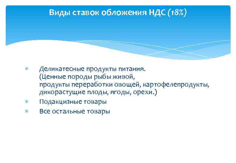 Виды ставок обложения НДС (18%)   Деликатесные продукты питания. (Ценные породы рыбы
