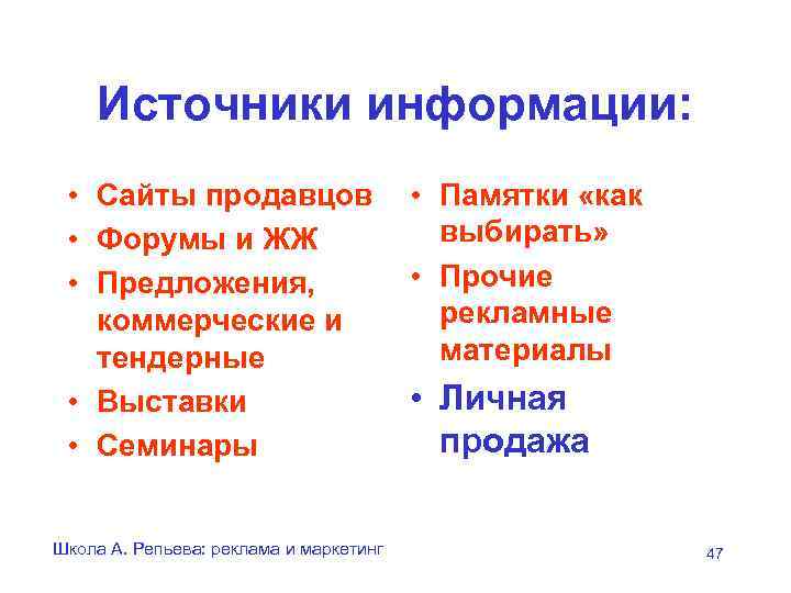   Источники информации:  • Сайты продавцов    • Памятки «как