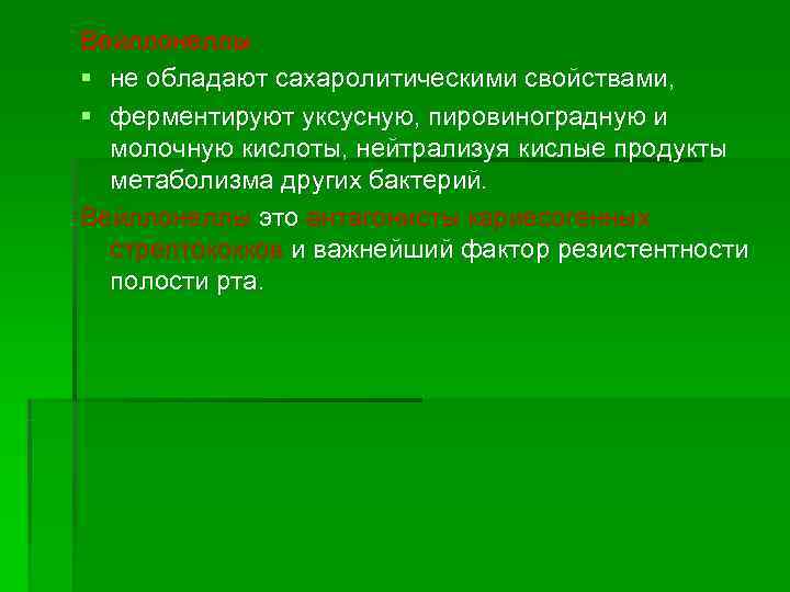 Вейллонеллы § не обладают сахаролитическими свойствами, § ферментируют уксусную, пировиноградную и  молочную кислоты,