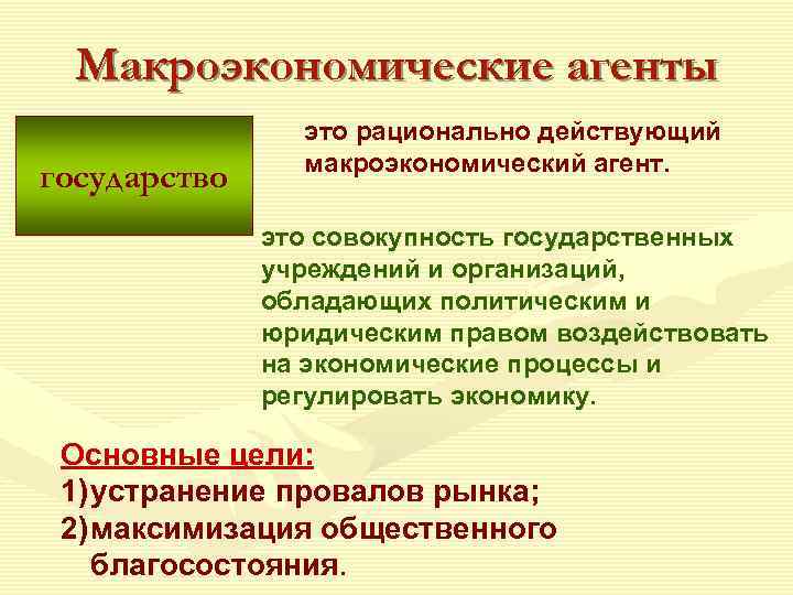  Макроэкономические агенты   это рационально действующий   макроэкономический агент. государство 