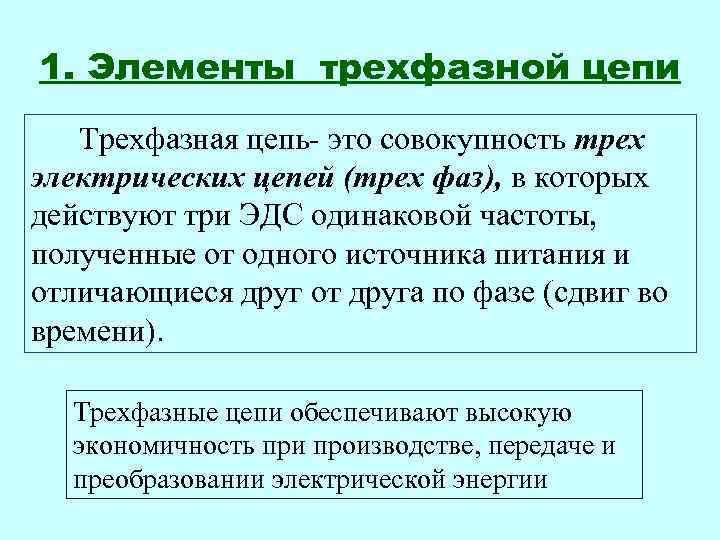 1. Элементы трехфазной цепи  Трехфазная цепь- это совокупность трех электрических цепей (трех фаз),