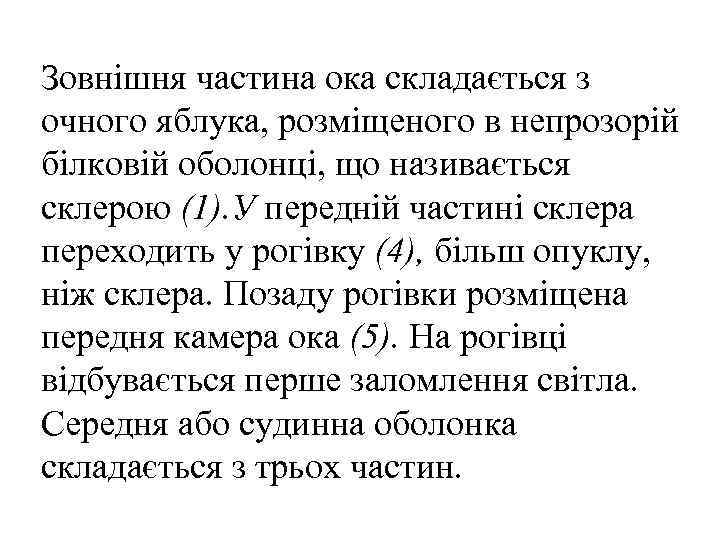 Зовнішня частина ока складається з очного яблука, розміщеного в непрозорій білковій оболонці, що називається