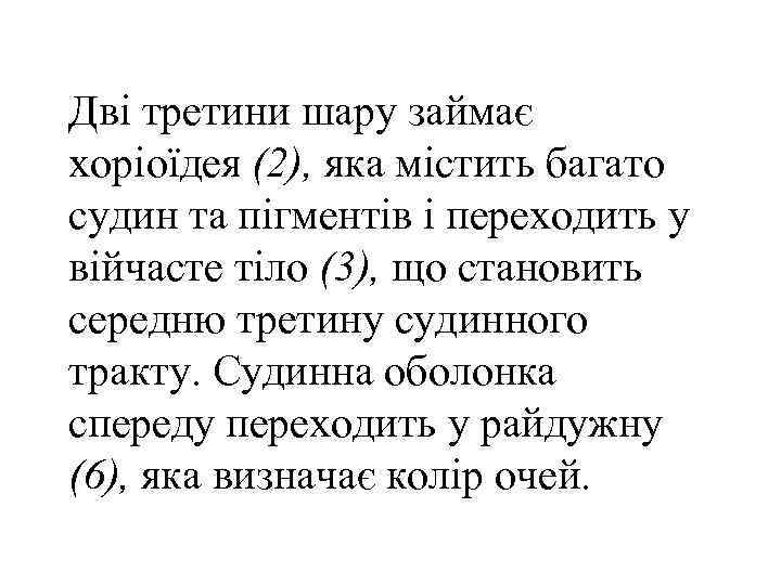 Дві третини шару займає хоріоїдея (2), яка містить багато судин та пігментів і переходить
