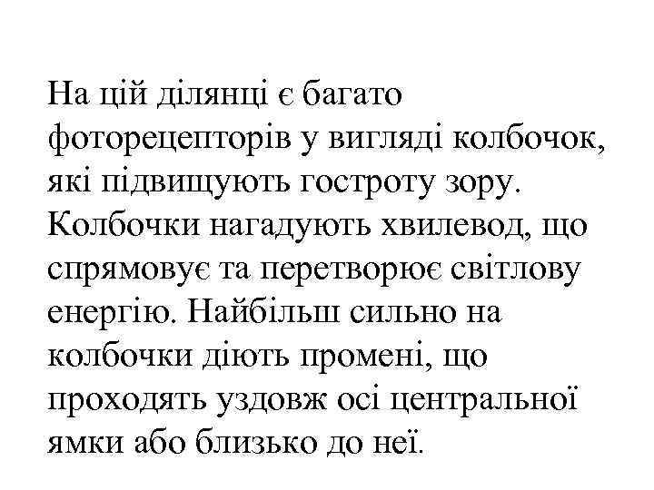 На цій ділянці є багато фоторецепторів у вигляді колбочок, які підвищують гостроту зору. Колбочки