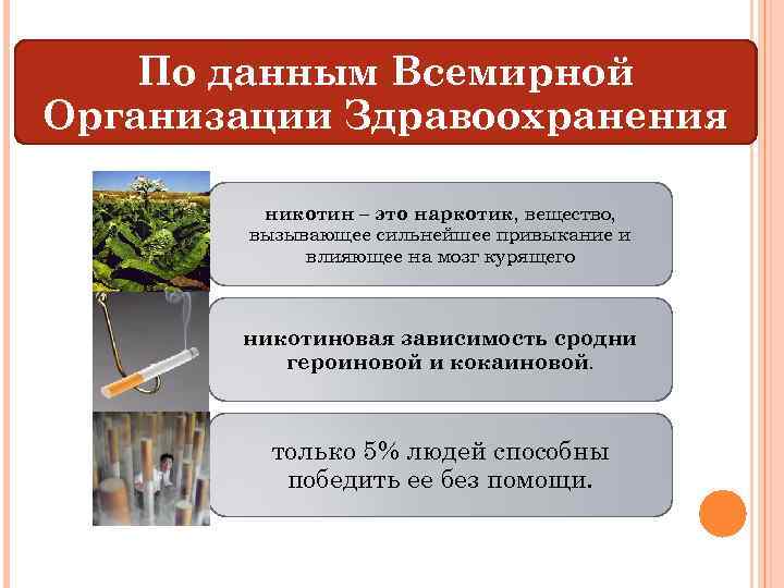   По данным Всемирной Организации Здравоохранения  никотин – это наркотик, вещество, 
