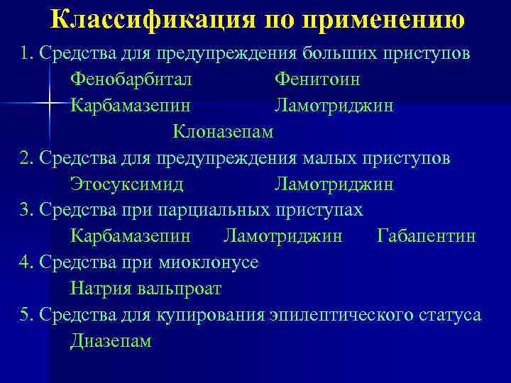   Классификация по применению 1. Средства для предупреждения больших приступов  Фенобарбитал 