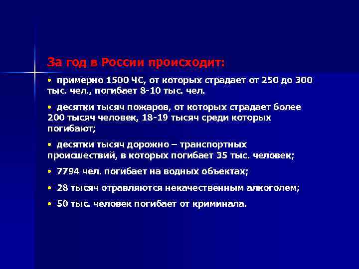 За год в России происходит: • примерно 1500 ЧС, от которых страдает от 250