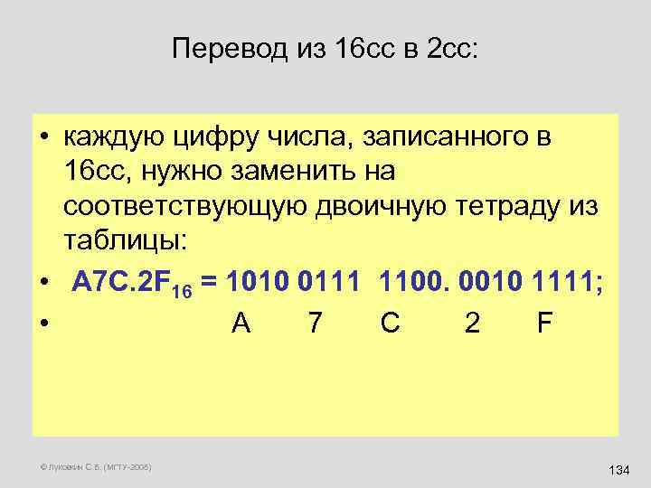 Перевод из 16 сс в 2 сс: • каждую цифру числа, записанного в 16