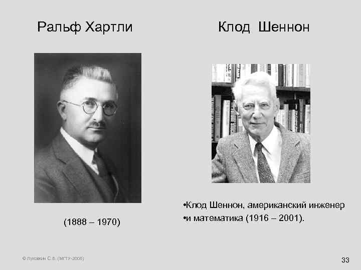  Ральф Хартли Клод Шеннон (1888 – 1970) © Луковкин С. Б. (МГТУ-2008) •