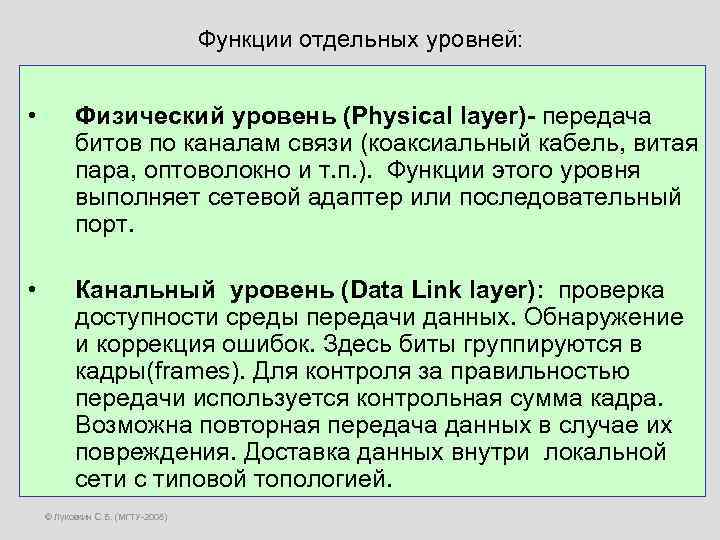 Функции отдельных уровней: • • Физический уровень (Physical layer)- передача битов по каналам связи