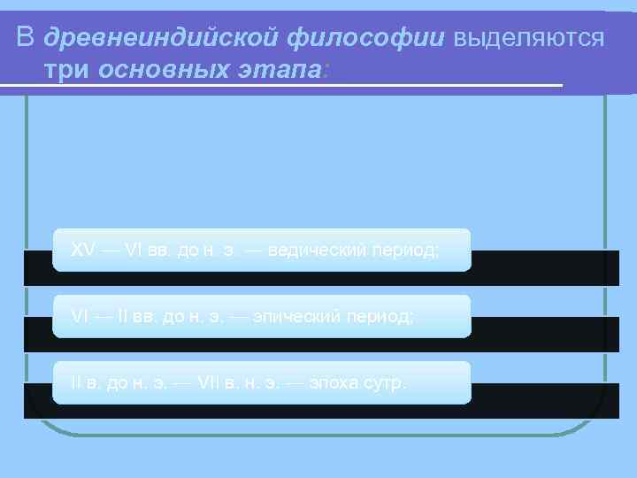 В древнеиндийской философии выделяются три основных этапа: XV — VI вв. до н. э.