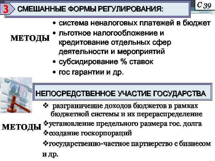 3 СМЕШАННЫЕ ФОРМЫ РЕГУЛИРОВАНИЯ: С 39 • система неналоговых платежей в бюджет • льготное